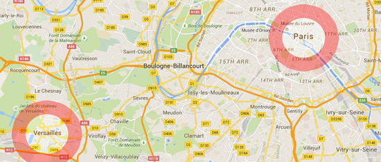 Paris and Versailles 12 miles / 20 kilometers Apart