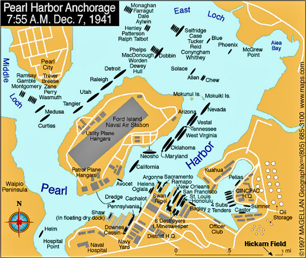 History Map of WWII: Pearl Harbor Anchorage, Oahu, Hawaii, 7:55 a.m., December 7, 1941