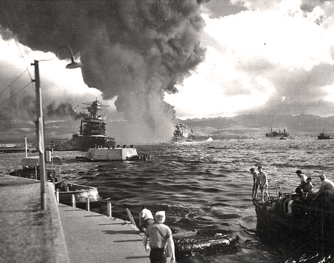 Pearl Harbor Attack: Battleship Row from Ford Island Naval Air Station, 