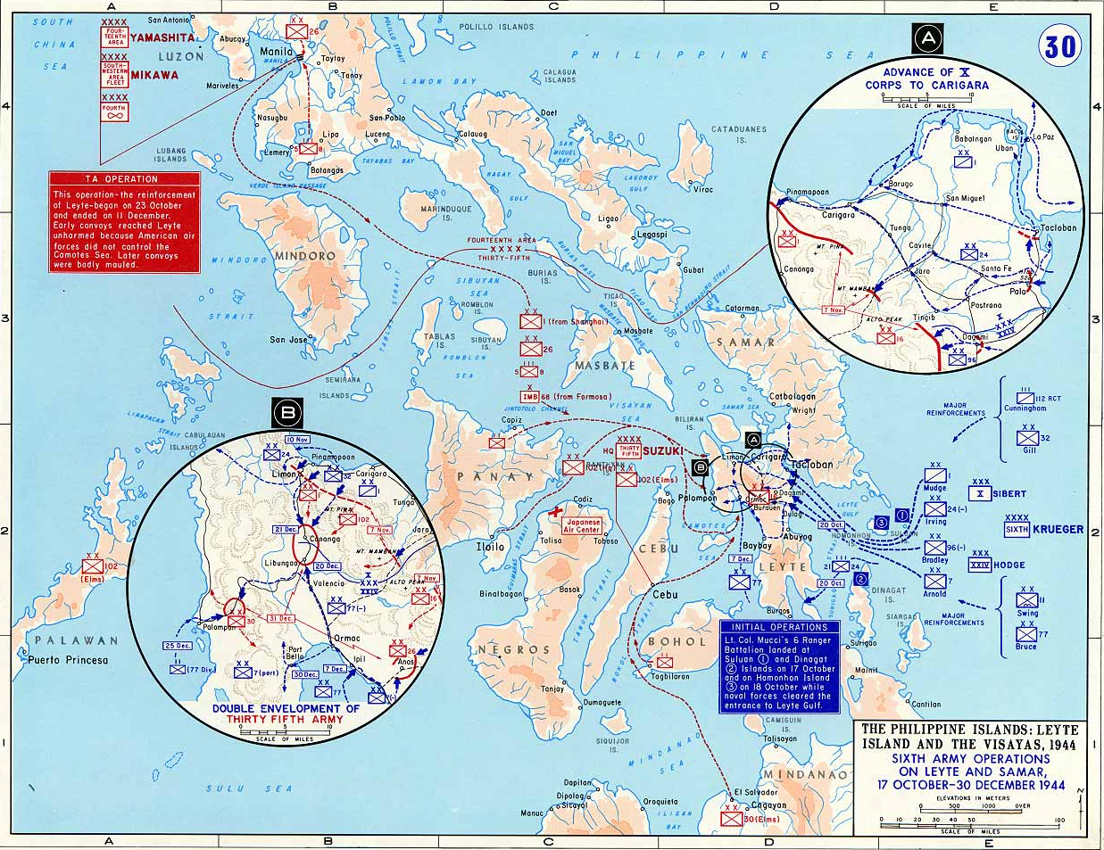 Map of World War II: The Philippine Islands: Leyte Island and the Visayas. Sixth Army Operations on Leyte and Samar, October 17 - December 30, 1944.
