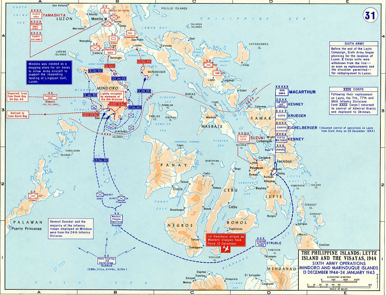 Map of World War II: The Philippine Islands: Leyte Island and the Visayas. Sixth Army Operations on Mindoro and Marinduque Islands, December 13, 1944 - January 24, 1945.