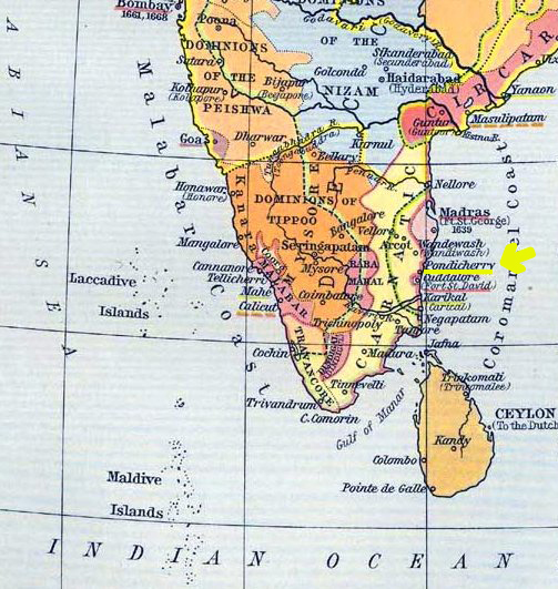 Map Location of Pondicherry (Pondichéry), Today's Puducherry, southeastern India