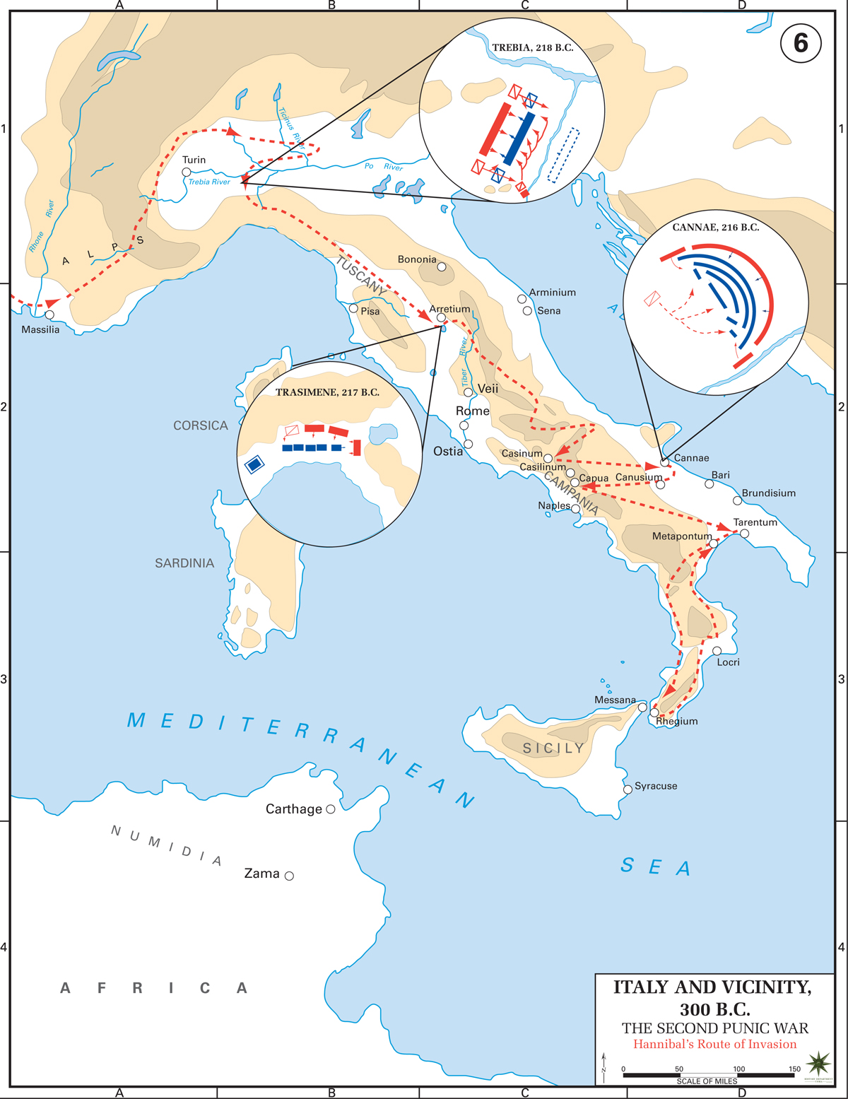 Map of Hannibal's Route of Invasion - Second Punic War 218-201 BC