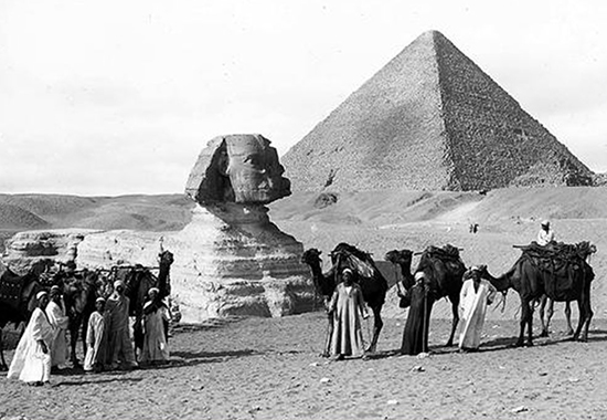 The Sphinx and the Great Pyramid of Cheops from the Southeast, Natives and Camels at Gizeh, Egypt
