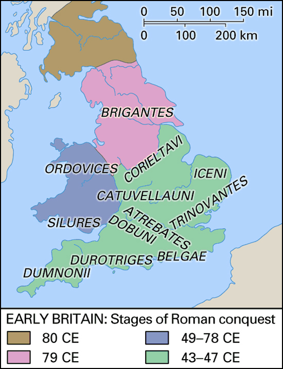 Map of Early Britain: Stages of Roman Conquest