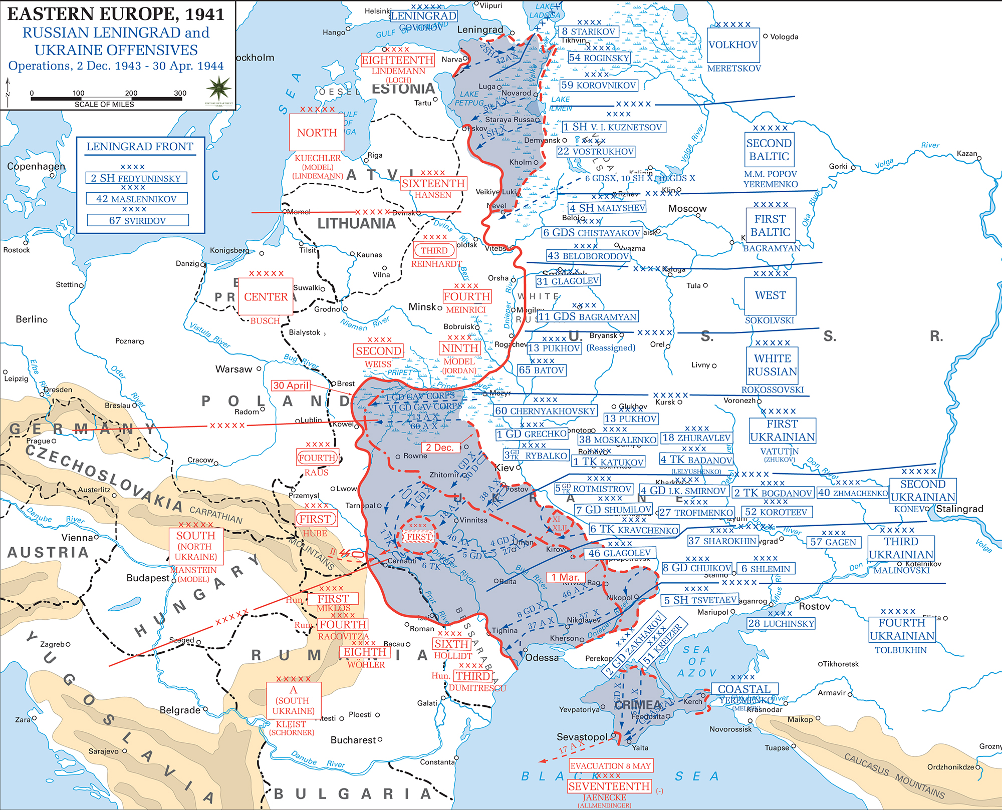 Map of WWII: Russia 1943/44. Leningrad and Ukraine Offensives December 2, 1943 - April 30, 1944