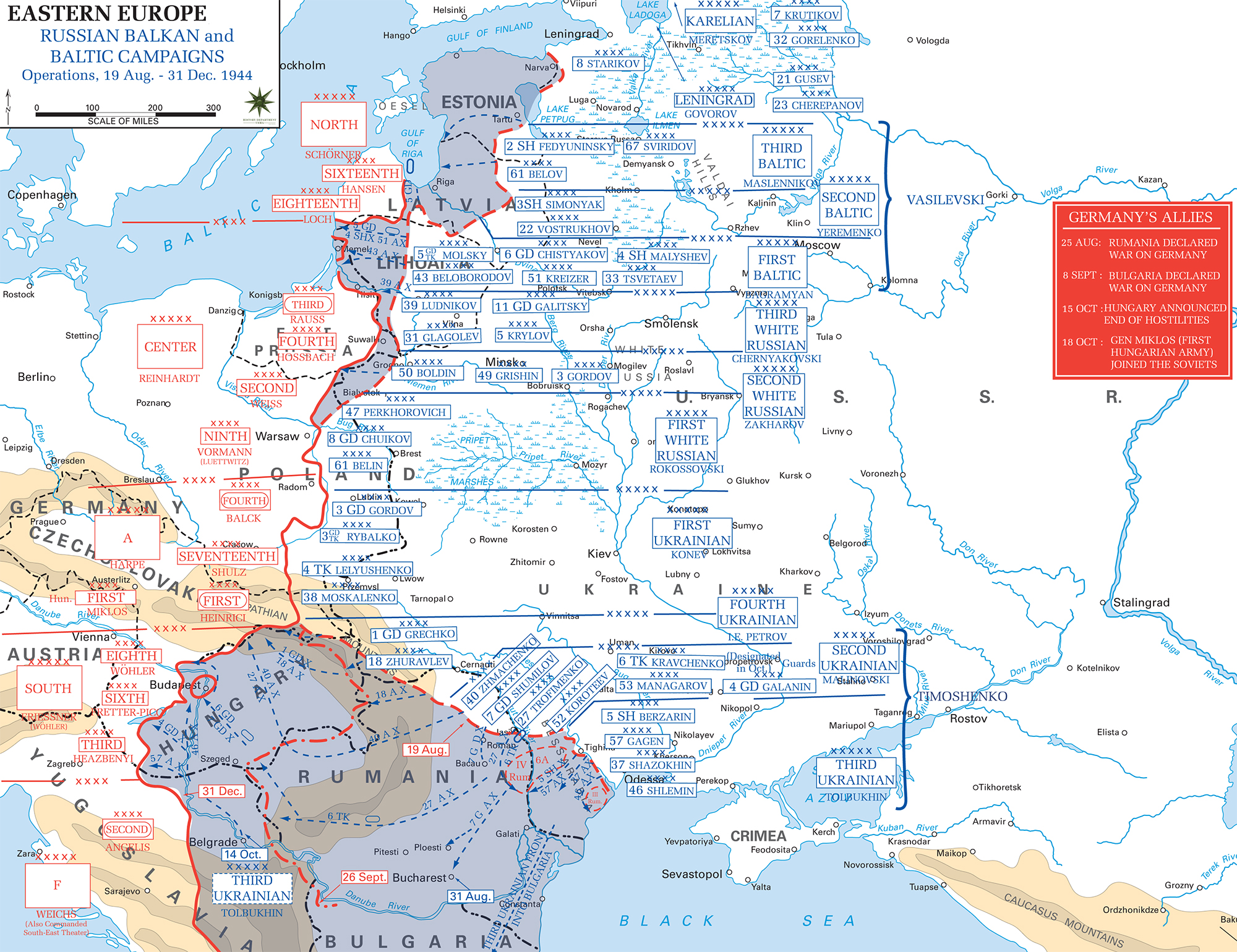 Map of WWII: Russia 1944. Russian Balkan and Baltic Campaigns August 19 - December 31, 1944