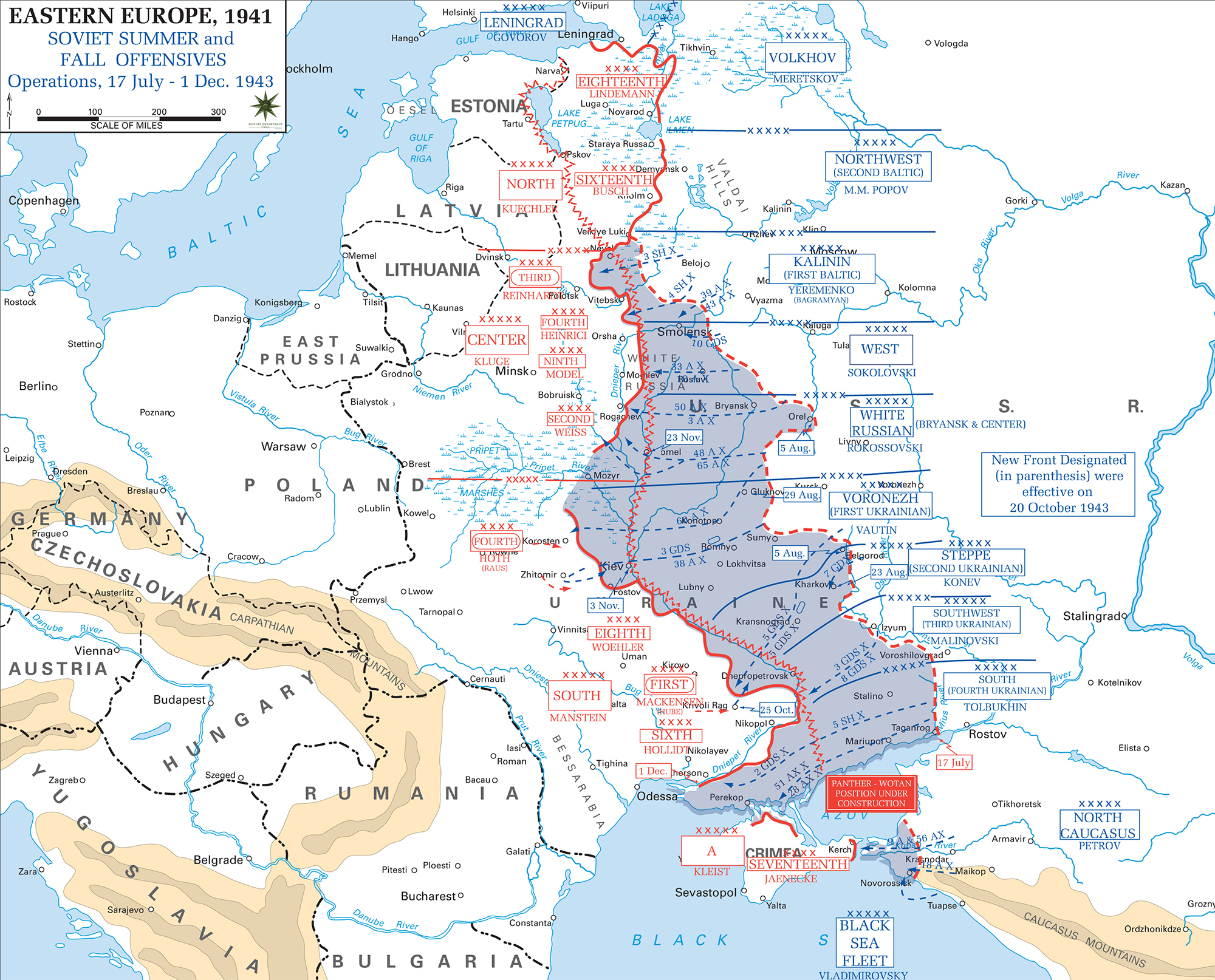Map of WWII: Russia - Soviet Summer and Fall Offensive July 17 - December 1, 1943