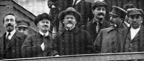 Rykov, Bukharin, Kalinin, Uglanov, Stalin, and Tomsky at Lenin's Tomb in Moscow in 1927 at the Tenth Anniversary of the Russian Revolution