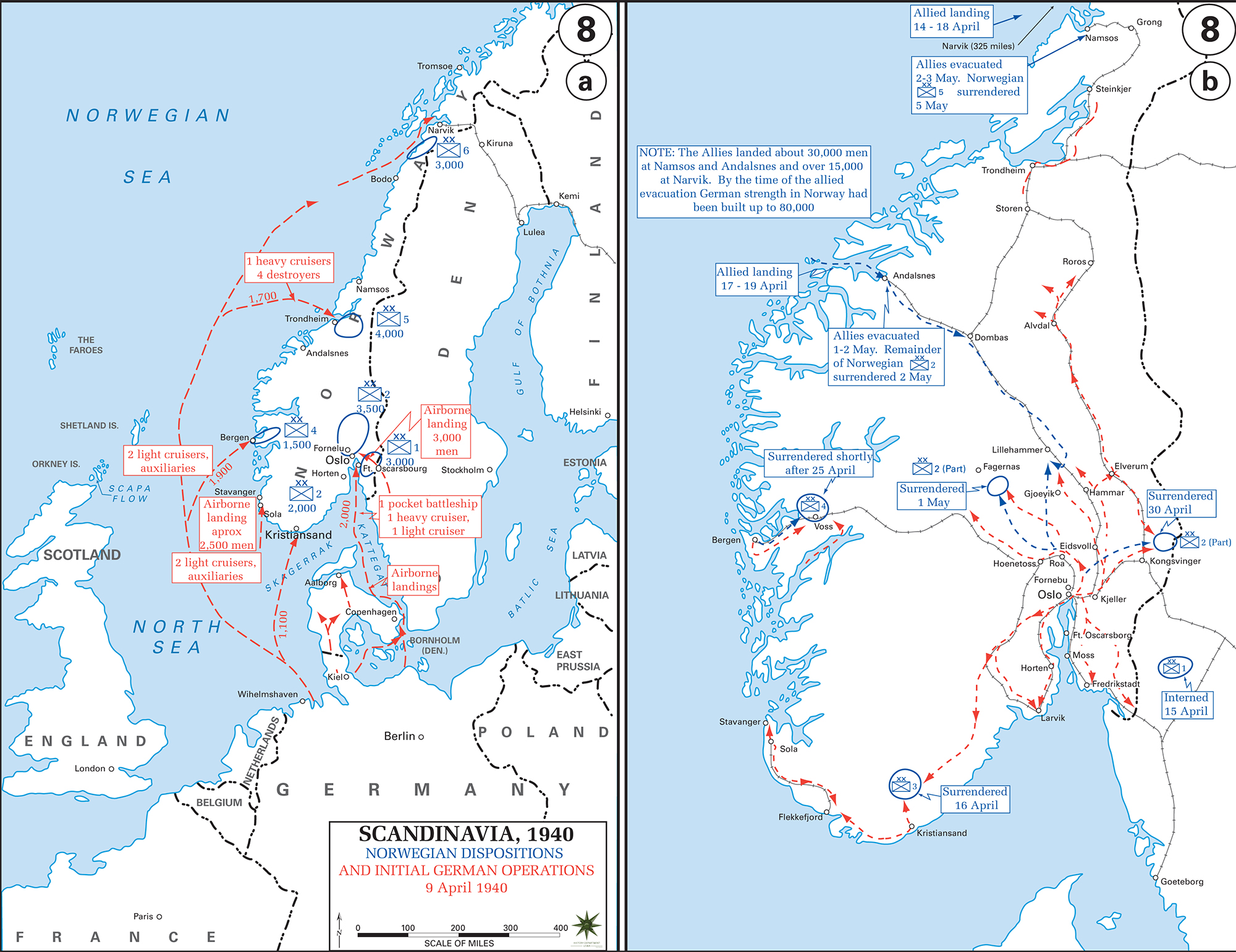 History Map of Scandinavia 1940: Norwegian dispositions and Initial German Operations April 9, 1940Norwegian dispositions and Initial German Operations April 9, 1940