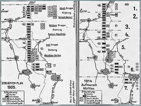 Map of the original Schlieffen Plan 1905 (left) and Moltke's version 1914 (right)