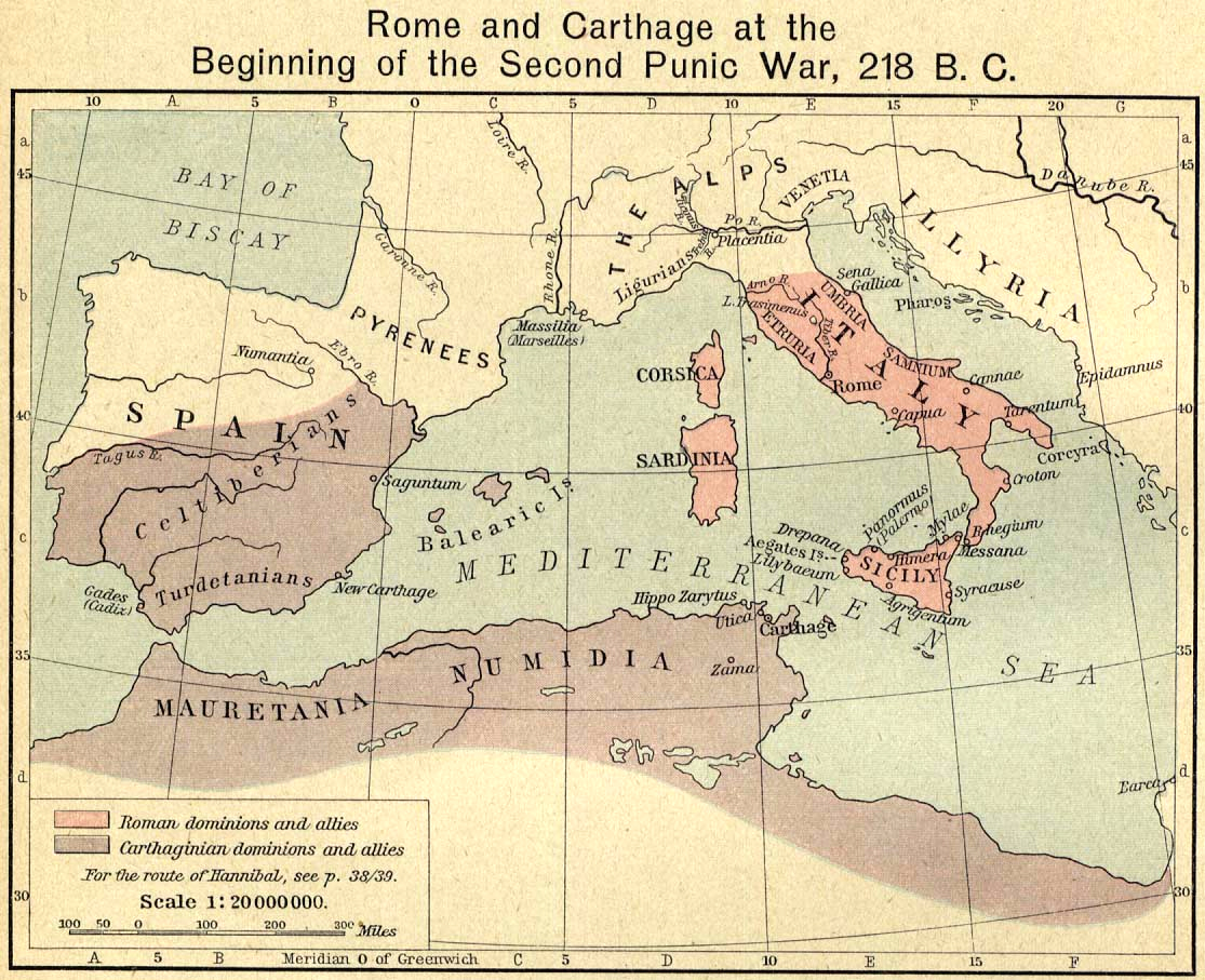 Map of Rome and Carthage at the Beginning of the Second Punic War, 218 B.C.