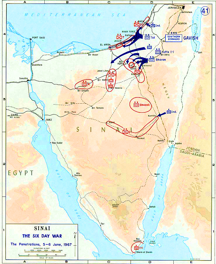 History Map of the Sinai Peninsula: Israel's War of Independence, The Six Day War, Penetrations, June 5-6, 1967.