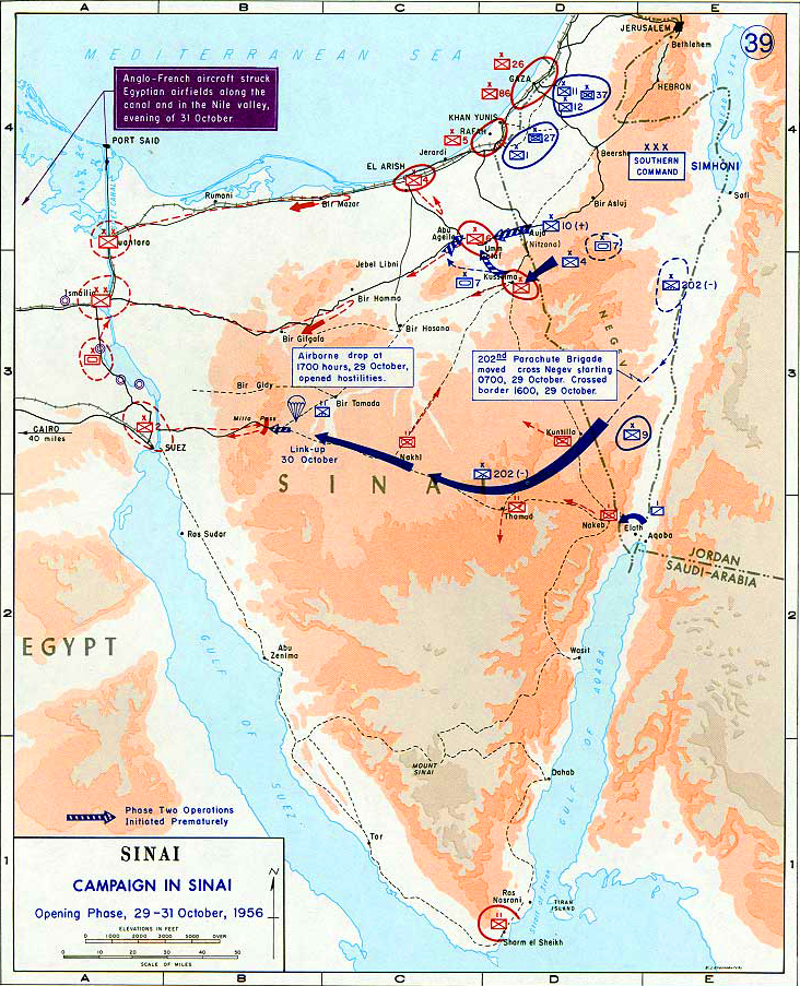 History Map of the Sinai Peninsula: Israel's War of Independence, Campaign in Sinai, Opening Phase, October 29-31, 1956.