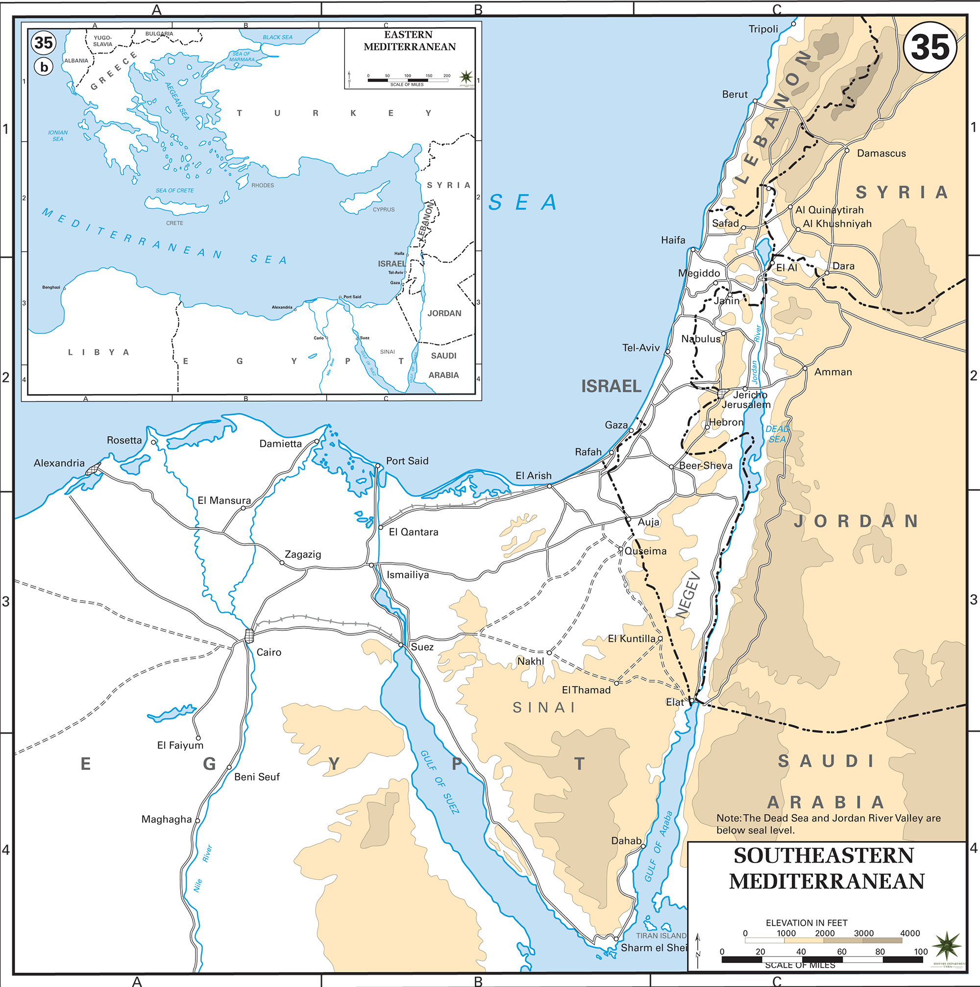 Map of the Southeastern Mediterranean: Lebanon, Syria, Jordan, Israel, Egypt, Saudi Arabia, Sinai Peninsula