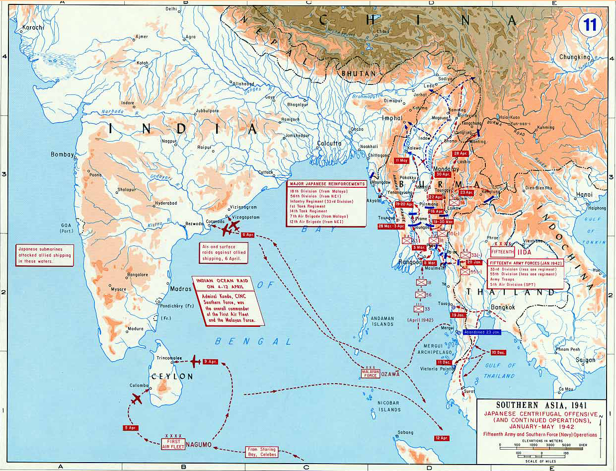 Map of World War II: Southern Asia. Japanese Centrifugal Offensive January - May 1942