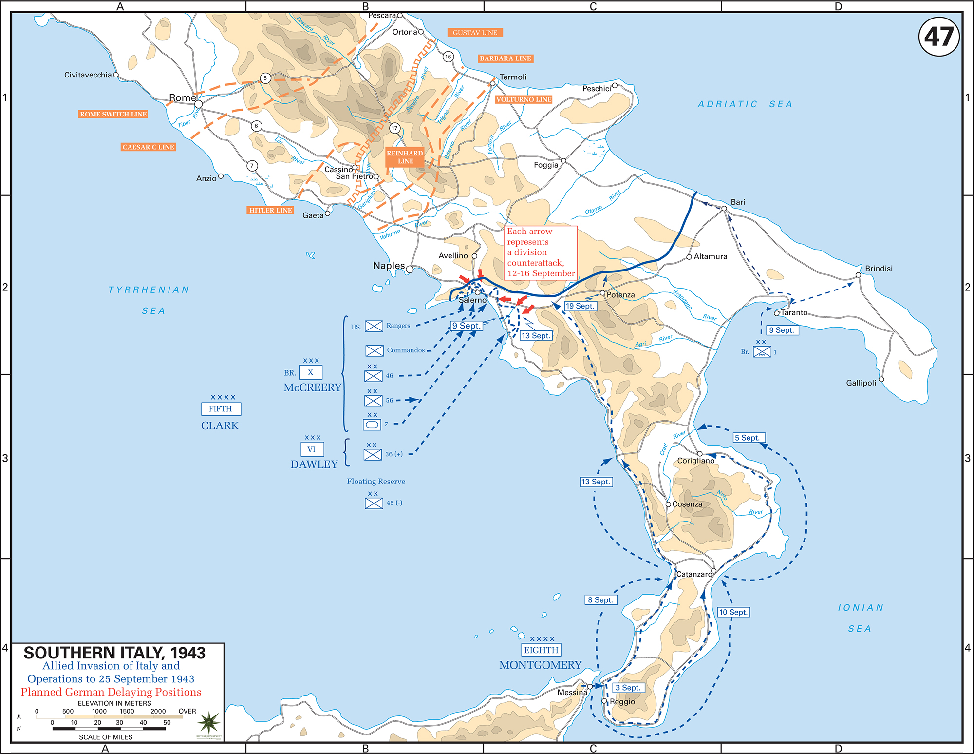 WWII Italy September 1943, Allied Invasion, Planned German Delaying Positions