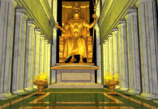 Artistic rendering of Zeus' statue placed in his temple at Olympia