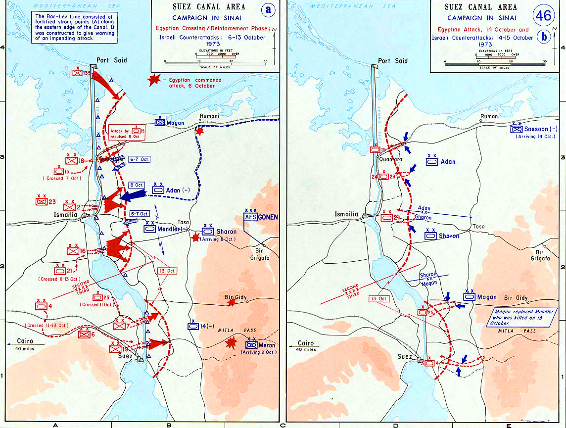 History Map of the Suez Canal Area. Campaign in Sinai, Egyptian Crossing and Attack, Israeli Counter-Attacks, October 1973.