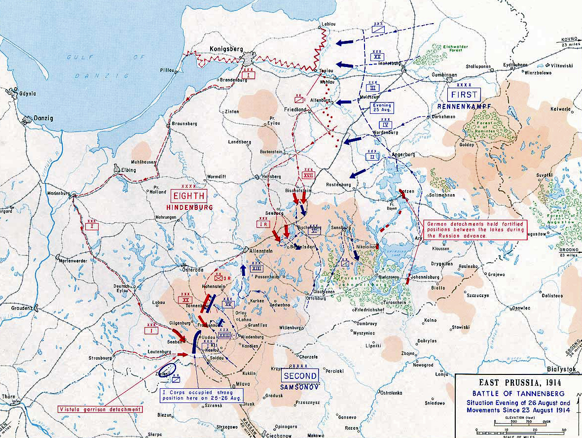 Map of the Battle of Tannenberg - First Day, 1914