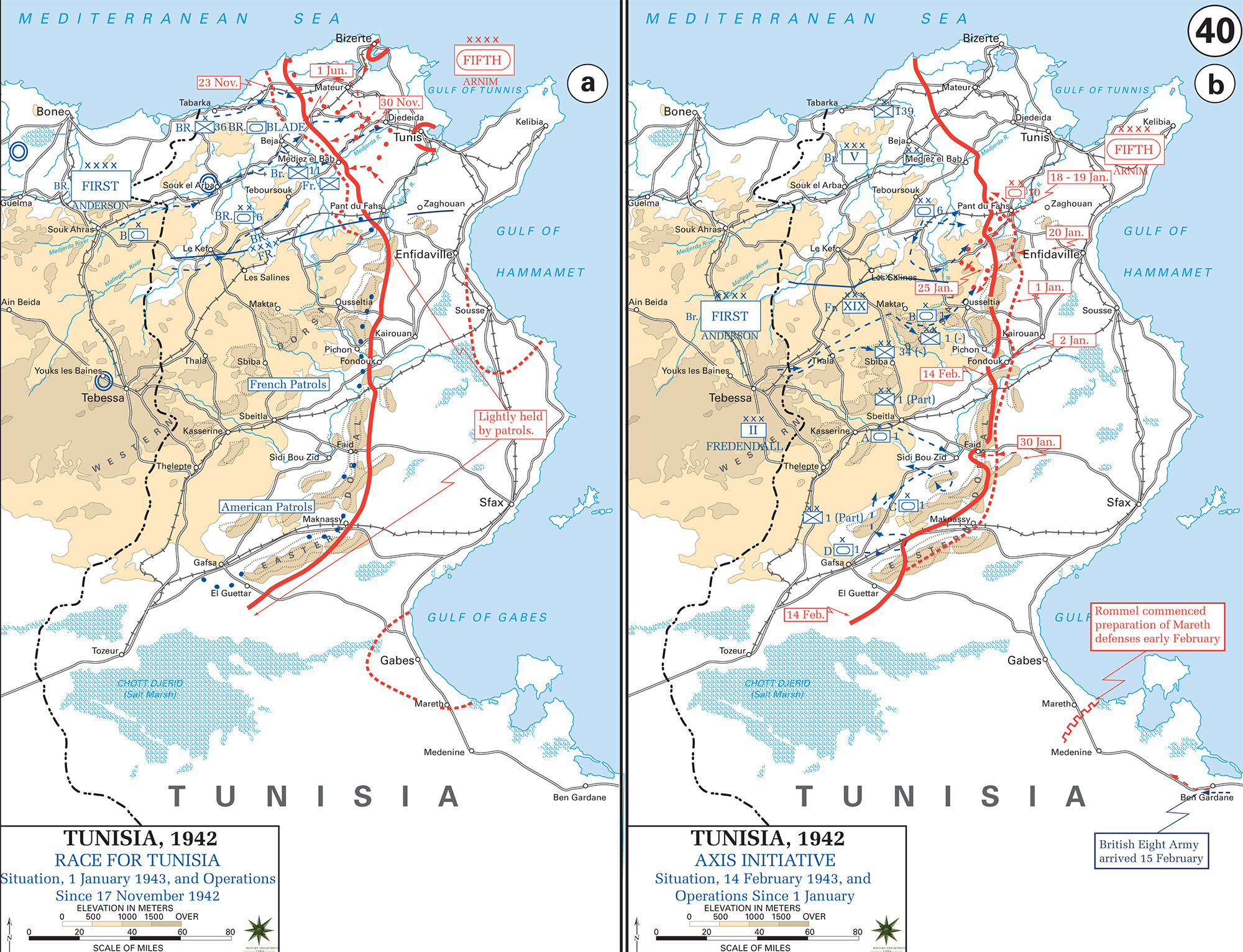 Map of WWII Tunisia 1942/43, Race for Tunis November 17, 1942 - January 1, 1943; Axis Initiative January 1, 1943 - February 14, 1943