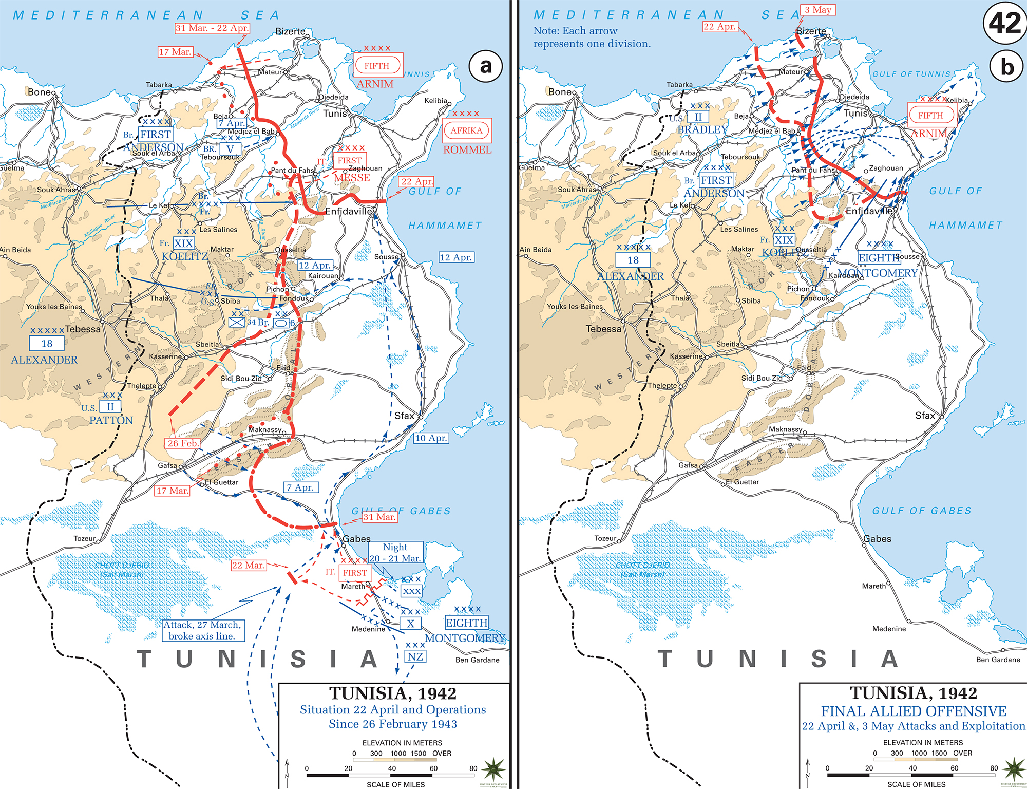 Map of WWII Tunisia 1943, February 26 - May 3, 1943, Final Allied Offensive