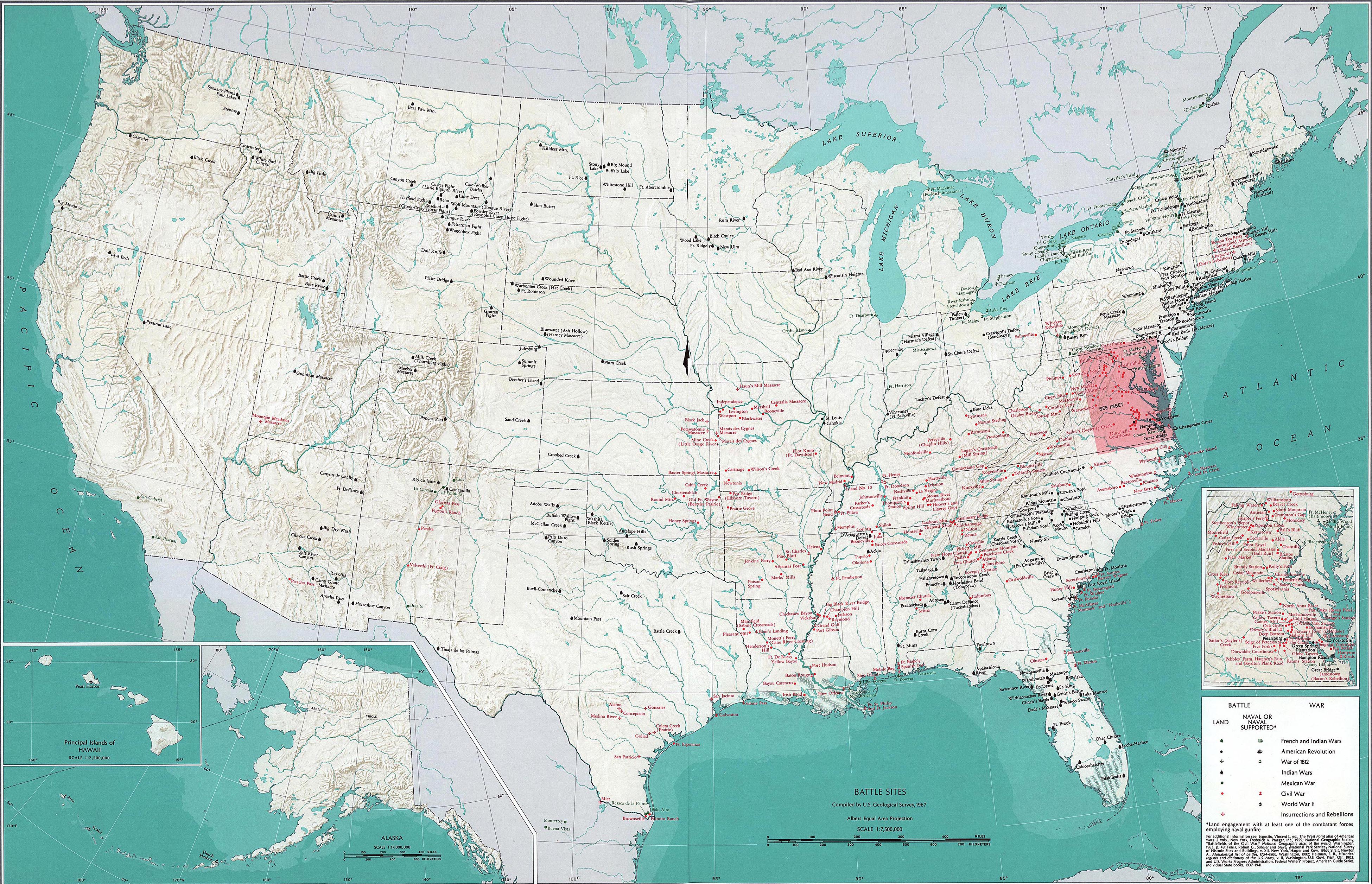 Map of the United States - Battle Sites 1689 - 1945