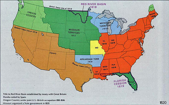 U.S. Expansion: The Map in 1820 - After the Adams-Onis Treaty of 1819
