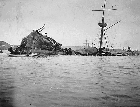 Photograph of the wreckage of the USS MAINE, 1898