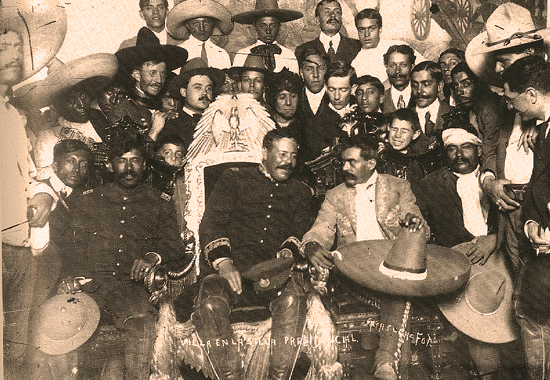 Pancho Villa and Emiliano Zapata at the Presidential Palace in Mexico City, December 6, 1914