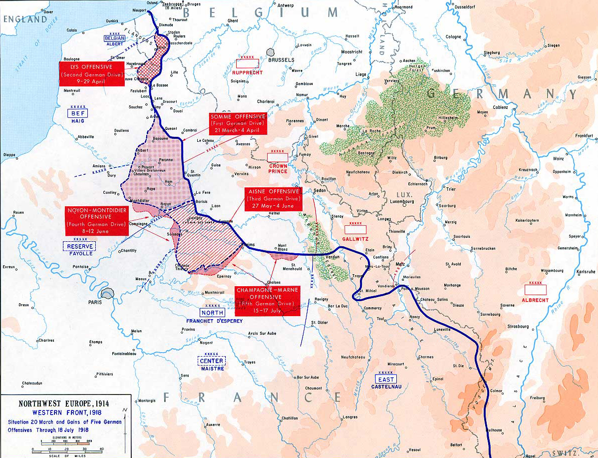 Map of WWI: Western Front 1918 - Five German Offensives