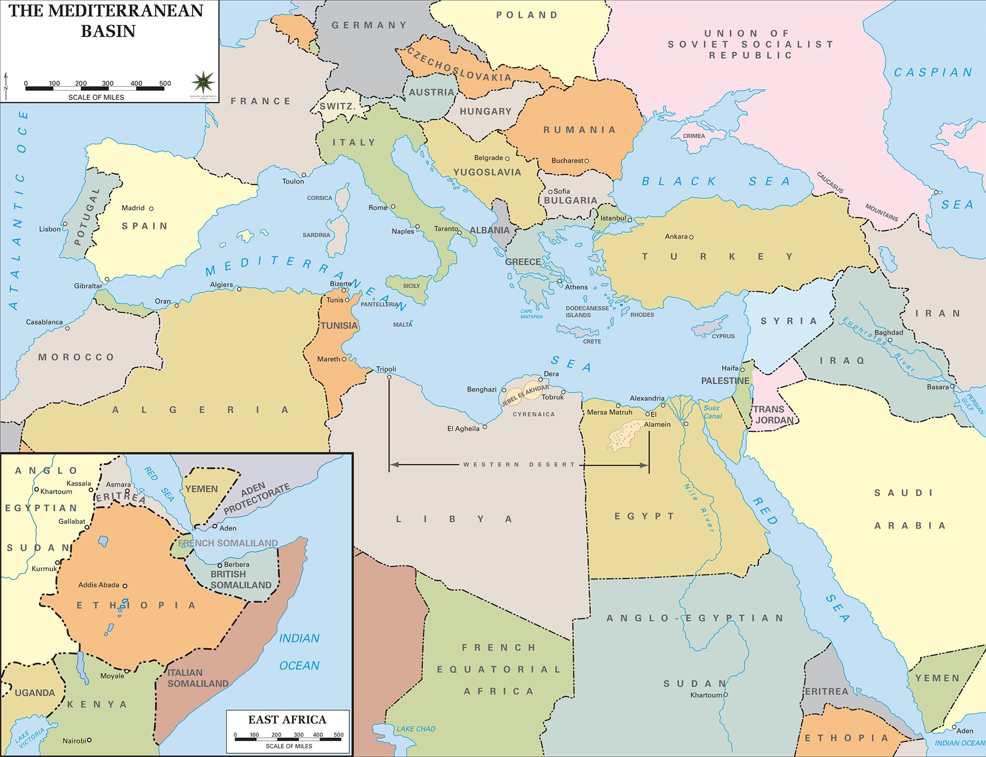 WWII Political Map: The countries bordering the Mediterranean Sea. Southern Europe, Asia, North Africa, Inset: East Africa