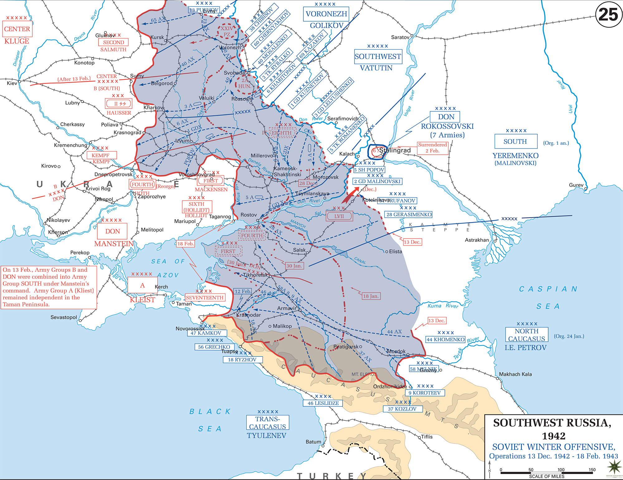 Map of WWII: Southwest Russia 1942/1943, Soviet Winter Offensive, Operations December 13, 1942 - February 18, 1943