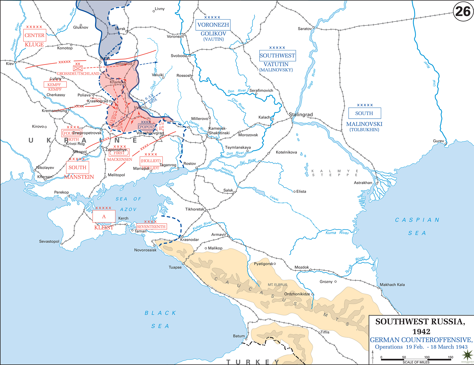 Map of WWII: Southwest Russia 1943, Soviet Winter Offensive, German Counter-Offensive, Operations February 19 - March 18, 1943