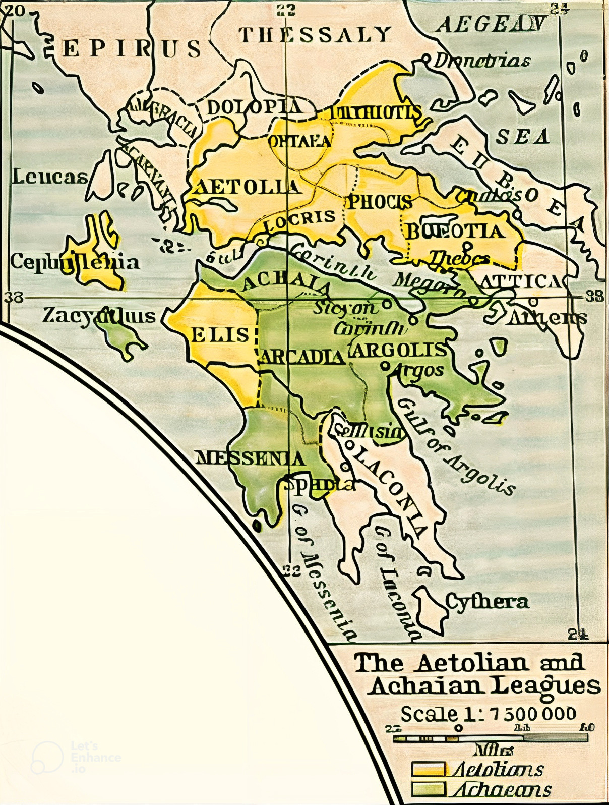 Map of the Aetolian and Achaean Leagues at the time of the Macedonian Empire 336 BC - 323 BC.