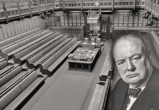 WINSTON CHURCHILL SPEAKS TO THE HOUSE OF COMMONS, LONDON, UK